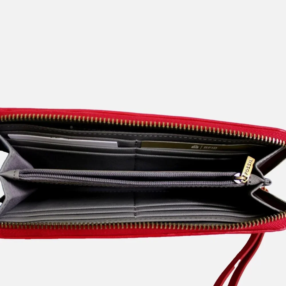 Fossil Jori RFID Leather Flap Clutch Wristlet Wallet Red